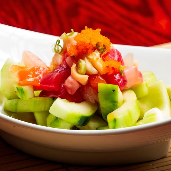 A white bowl filled with a colorful Japanese salad of diced fish, roe, and cucumber.