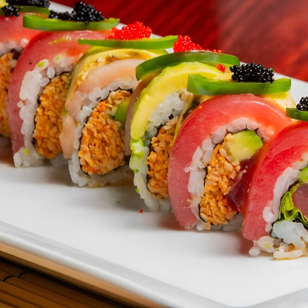 Close-up of Samurai Sushi's colorful sushi rolls topped with fish, avocado, jalapeños, and roe.