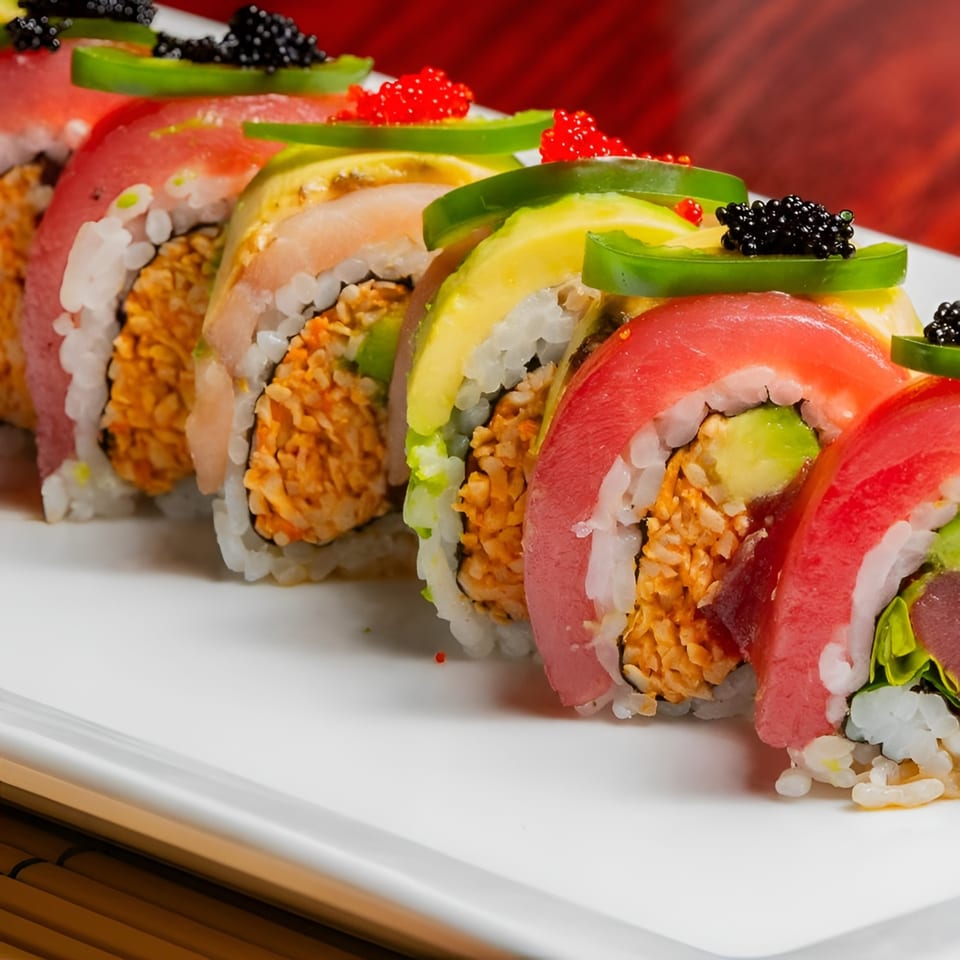 Close-up of Samurai Sushi's colorful sushi rolls topped with fish, avocado, jalapeños, and roe.
