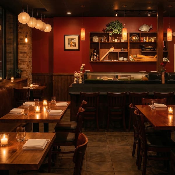 Warmly lit Samurai Sushi dining room with wooden tables, chairs, a sushi bar, and red walls.